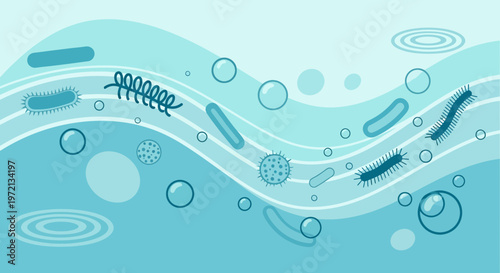 Microscopic Bacteria and Microbes Floating in Blue Water with Bubbles and Ripples