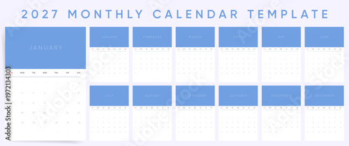 2027 Monthly Calendar template set. Clean minimal calendar for 2027 in blue with 12 separate pages. Week starts on Sunday.
