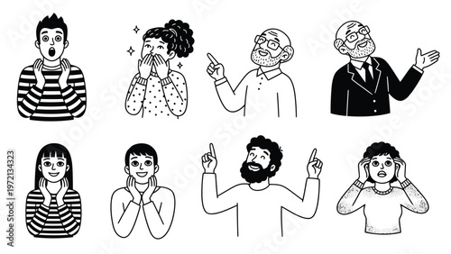 Line Art People Illustrations: Diverse Emotions, Gestures & Expressions. Hand-Drawn Black & White Characters.