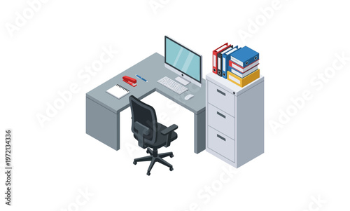 Isometric Office Workspace with Desk, Chair, Computer, and Filing Cabinet.