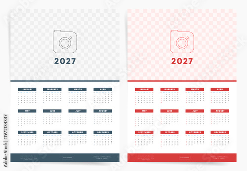 2027 Calendar template with photo placeholder. Customizable wall calendar for 2027 in blue and red. Week starts on Sunday.