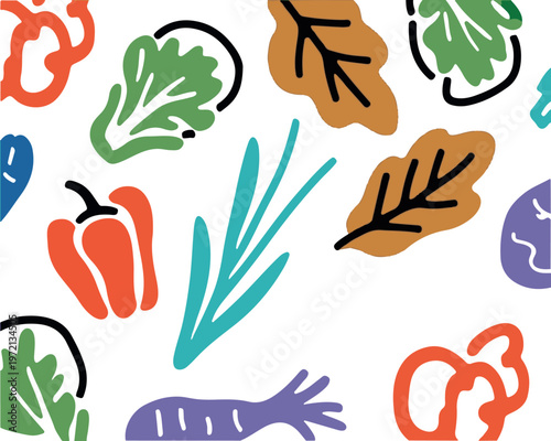 Abstract vegetable pattern with hand drawn pepper leafy greens and carrot on transparent background.