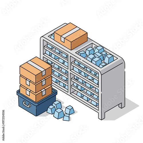 Packages and boxes on shelves storage.