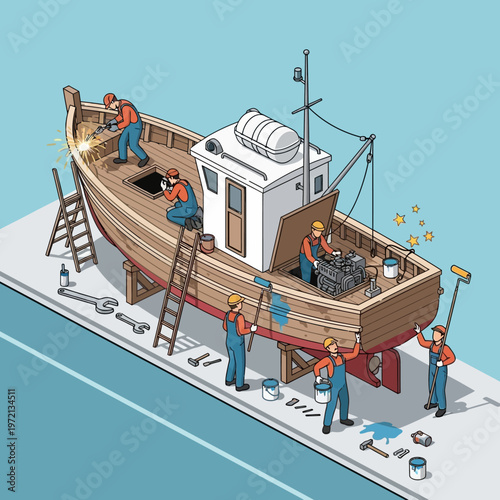 Workers repairing a wooden boat on a dock.