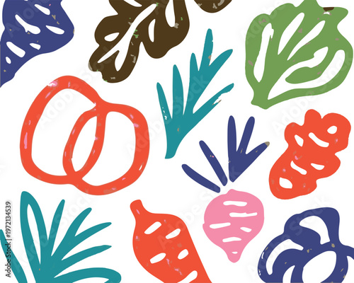 Abstract vegetable line art pattern with colorful hand drawn organic food icons in minimalist style.