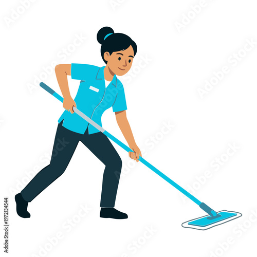 A woman is cleaning the floor with a mop in a lively motion indoors.