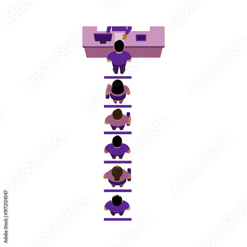 A person interacts with multiple people standing in a line at an office desk.