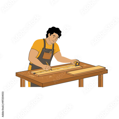 A man measures wood on a workbench in a workshop setting carefully.