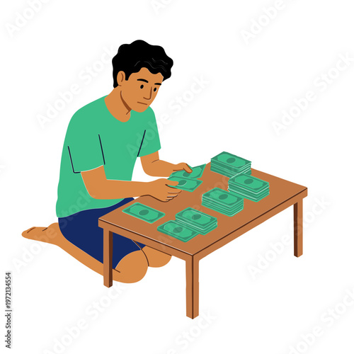 Man sitting on floor counting money on wooden table indoors