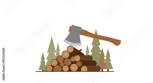 A stylized flat vector illustration shows a sharp grey axe positioned above a pile of cut logs surrounded by minimalist green pine trees on a white background in flat light.