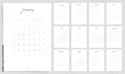 2027 Monthly Calendar template set. Elegant handwritten calendar for 2027 in minimal white with gold accents. Week starts on Sunday.
