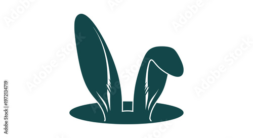 Dark Green Silhouette of Rabbit Ears Emerging from a Hole Isolated on White Background for Easter