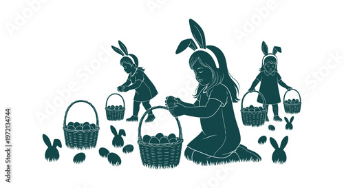 Three little girls wearing bunny ears hunting for Easter eggs with baskets in a grassy field silhouette.