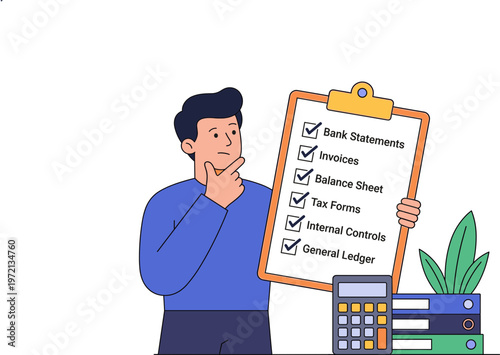 Man in blue analyzing financial documents with clipboard and calculator