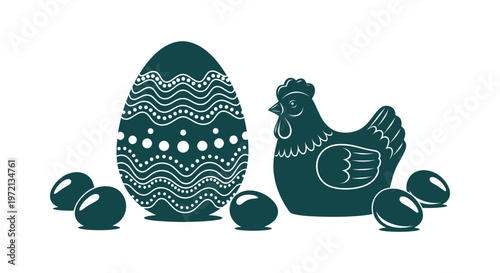 Easter Egg and Hen Silhouette Illustration with Ornate Patterns and Small Eggs Background Vector