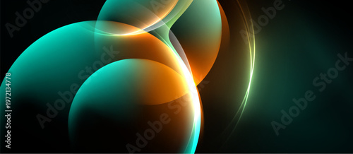 Abstract glowing shapes overlap, creating vibrant orange, teal gradients. Dark background emphasizes luminosity, smooth curves suggest movement.