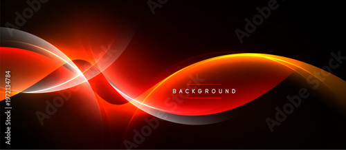 Abstract design features vibrant orange lines over dark background. Smooth curves create dynamic visual effect. Text reads background.