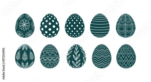 Set of Ten Decorative Easter Eggs with Floral Geometric and Polka Dot Patterns Vector Illustration