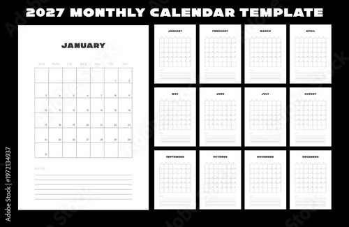 2027 Monthly Calendar template set. Bold black and white calendar for 2027 with notes section. Week starts on Sunday.
