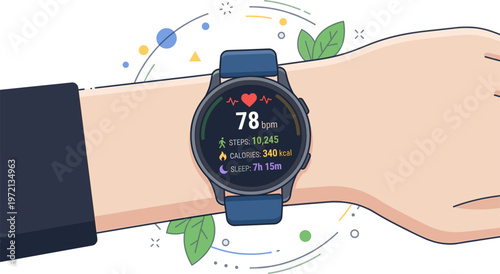 A person wearing a smartwatch on their wrist with leaves and symbols around it