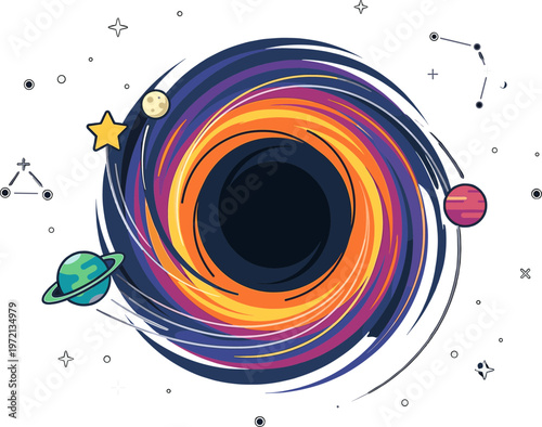 Abstract cosmic illustration of a vibrant black hole vortex, surrounded by colorful swirling energy, orbiting planets, and distant stars, symbolizing the mysteries of the universe