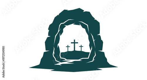 Empty Tomb of Jesus Christ Silhouette with Three Crosses on Calvary Hill Easter Sunday Background