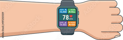 Digital health tracking smartwatch on wrist illustration. Displays heart rate, steps, calories, and sleep data for personal fitness and wellness management