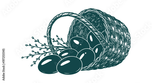 Hand drawn vintage engraving of an Easter basket with eggs and pussy willow on white background