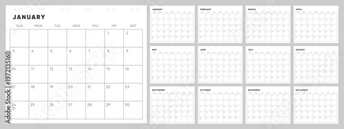 2027 Monthly Calendar template set. Ultra minimal clean calendar for 2027 in white landscape format. Week starts on Sunday.