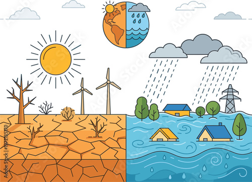 Visualizing the stark reality of climate change depicting the devastating environmental impact with contrasting scenes of extreme drought, cracked earth, and severe flooding