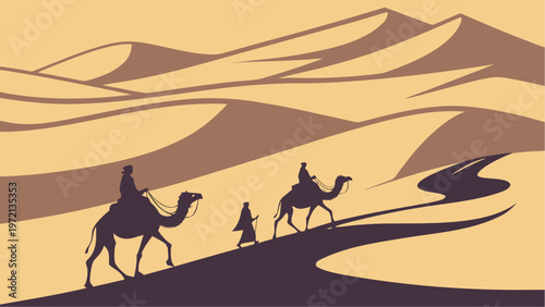 Desert caravan with camel riders and walking person crossing sand dunes at sunset