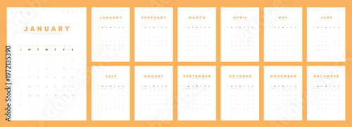 2027 Calendar layout. Vibrant orange calendar design. Week Starts on Sunday.