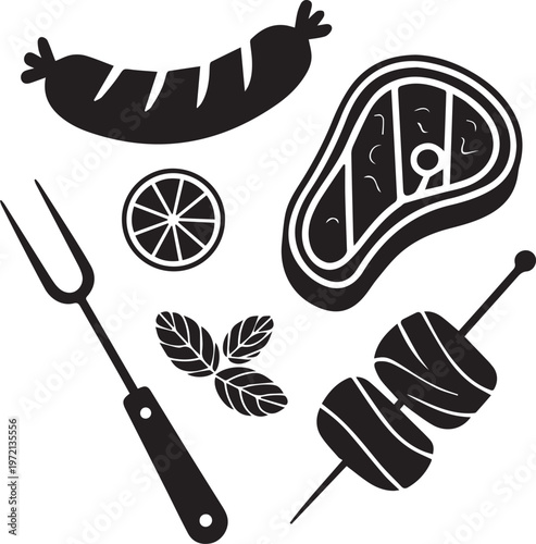 Set of black silhouettes of barbecue and grill items. steak, sausage, skewer, fork, lemon, basil.