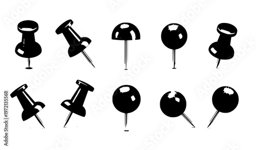 Black push pins set with glossy heads and metal needles realistic office stationery vector illustration