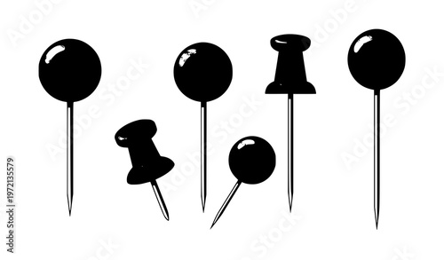 Minimal black push pin icons set with glossy heads and needles clean vector illustration