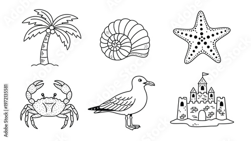 Beach and Sea Life Outline Icon Set. Summer Tropical Vacation Elements, Hand-Drawn Holiday Line Art Illustrations.