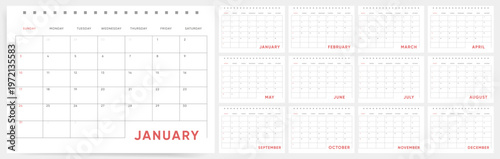 2027 Calendar design. Red accent calendar layout. Week Starts on Sunday.