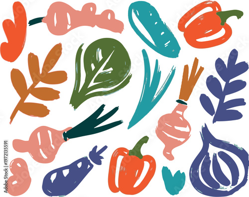 Assorted hand painted vegetables and leaves collection on transparent background.