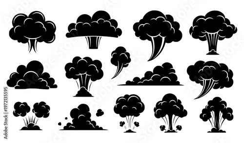 Cartoon smoke cloud silhouettes set comic dust smog and steam vector illustration collection