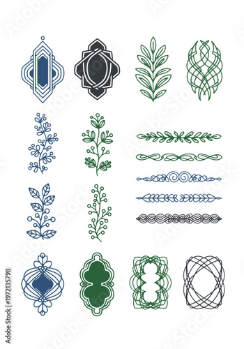 A set of ornate vector designs featuring floral motifs, geometric shapes, and decorative dividers, perfect for adding an elegant touch to any project.