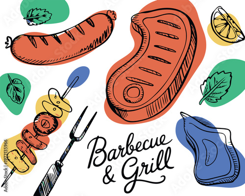 Barbecue and grill hand drawn poster with steak sausage shish kebab and lemon on abstract backdrop.