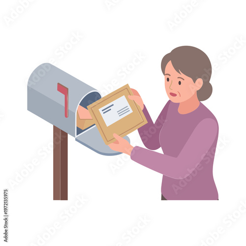 Woman retrieves package from residential mailbox on a suburban street