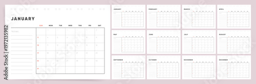 2027 Calendar template. Light pink calendar design. Week Starts on Sunday.