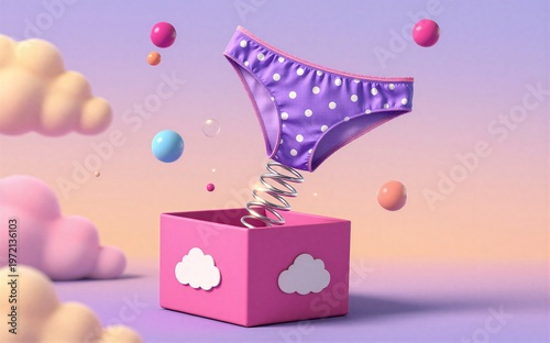 Purple polka-dot underwear springs from a pink cloud-themed box with