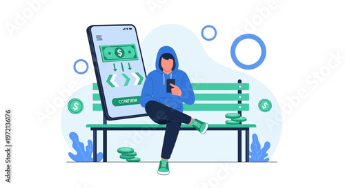 Man using mobile banking app on bench with money symbols and coins