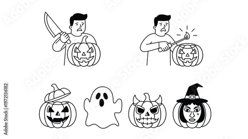 Halloween Pumpkin Carving & Spooky Icons Set. Man carving jack-o'-lantern, ghost, witch, skull pumpkin line art vector.