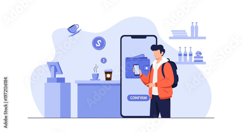 Man using mobile payment at cafe counter with digital wallet on phone screen