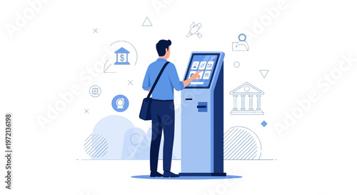 Man Using Self-Service Kiosk for Banking Transactions and Payments