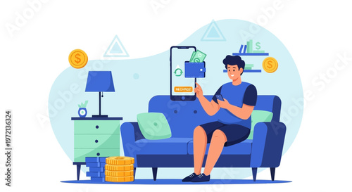 Man using smartphone for online banking and mobile payments while relaxing on sofa at home