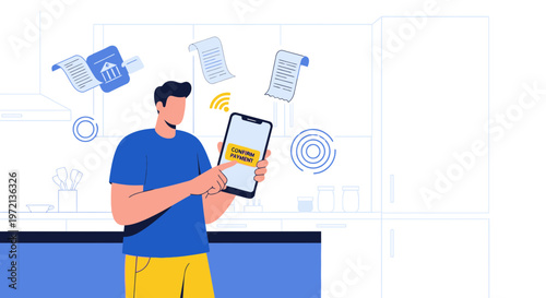 Man using smartphone for online banking and bill payment, digital finance concept